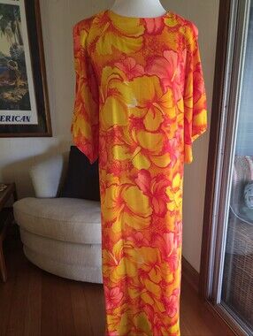 Vintage Hawaiian BRIGHT NEON Orange & Yellow Floral Maxi Dress POMARE MUUMUU